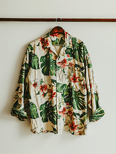洗水棉面料摄影照片_墙上挂着的夏威夷衬衫