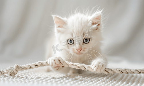 在小狗怀里的小猫摄影照片_白色小猫玩绳子