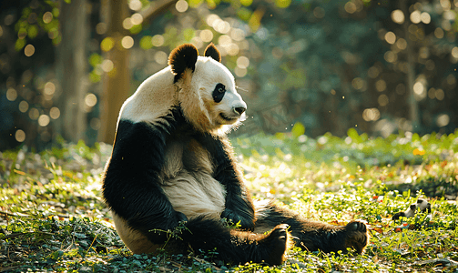 动物小熊的卡通摄影照片_美丽的大熊猫坐在草地上