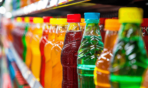 容器里的液体摄影照片_超市里的软饮料瓶