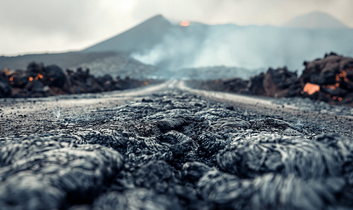 埃特纳火山斜坡道路上的硬化熔岩流