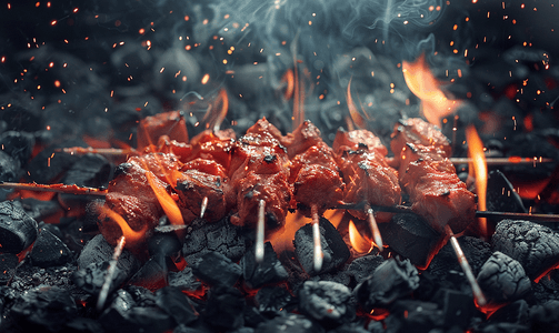 在燃烧的煤炭上烤羊肉串