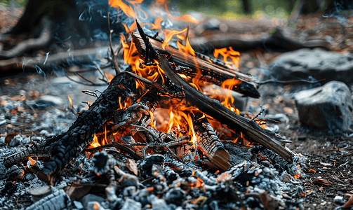 随风飘的树枝摄影照片_干树枝和燃烧的木余烬篝火外部壁炉