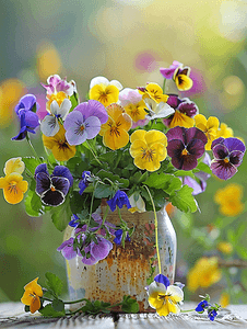 花园里的春花美丽的春天或复活节场景有盆栽紫罗兰