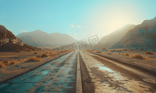 粗糙程度摄影照片_漫长空旷的沙漠之路