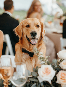 卡通脖子摄影照片_婚礼上的金毛猎犬