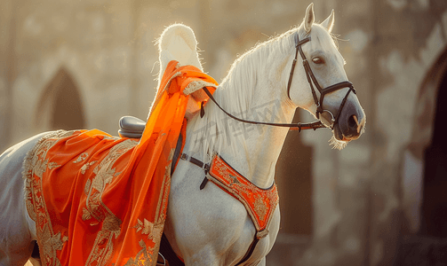 马鞍形图标摄影照片_马背上的马鞍白马上的黑色马鞍动物背上的橙色斗篷