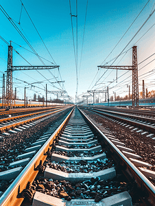 运动会海报摄影照片_火车站附近的铁轨和行驶的火车垂直视图