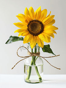 白色背景中玻璃罐中的黄色向日葵