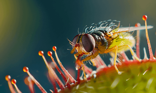 拟人苍蝇摄影照片_苍蝇被饥饿的金星捕蝇草吃掉