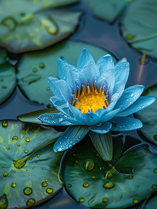 蓝色喜报摄影照片_蓝色睡莲的特写其黄色花粉生长在睡莲叶之间