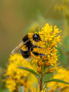 授粉摄影照片_普通东方大黄蜂为一枝黄花授粉