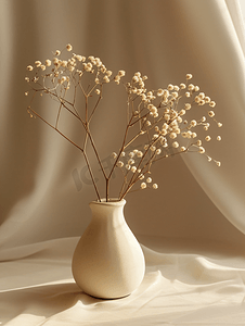 简约风家具海报摄影照片_花瓶中的干花北欧花瓶陶瓷米色背景