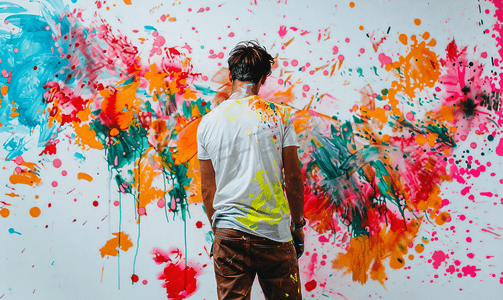 穿着溅满油漆的衬衫的画家正在粉刷墙壁