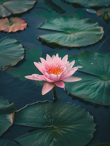 绿色莲花摄影照片_湖面上绿叶间长着一朵粉色花瓣的睡莲