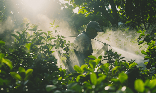 黄杨树摄影照片_农民在后院用农药处理灌木