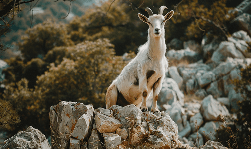 撒丁岛岩石上的野山羊
