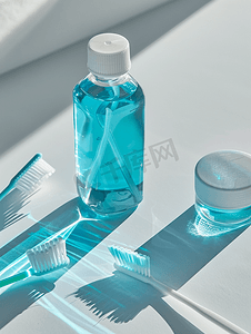 旗口水母摄影照片_牙医工具和牙齿卫生产品牙线刷和漱口水