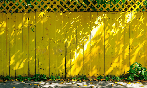 现代大门摄影照片_森林花园中带钢格栅的黄色混凝土墙栅