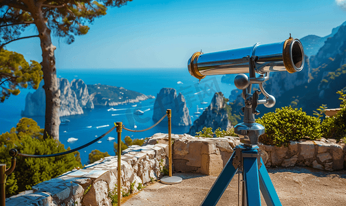 俯瞰水摄影照片_望远镜在俯瞰意大利卡普里岛海岸的视点