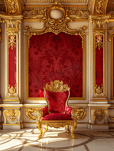 红色烫金首页摄影照片_豪华宫殿中的古老王座室内部配有椅子红色和金色的古董巴洛克风格