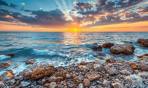 金色变宽摄影照片_日落时的石滩黄昏的大海和天空戏剧性的天空和云彩自然景观