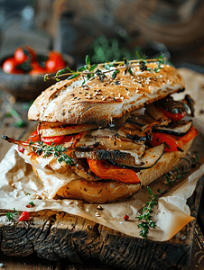 旧木背景上的大三明治配有烤蔬菜、奶酪和百里香