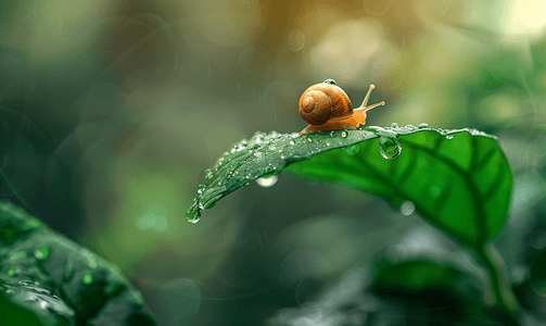 一只棕色的小蜗牛紧紧抓住花园里的一片叶子