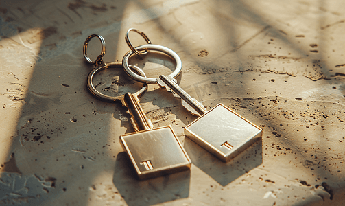两把门钥匙和方形钥匙扣（环上）