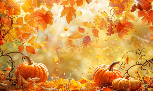边框秋天摄影照片_叶子和南瓜的秋天背景