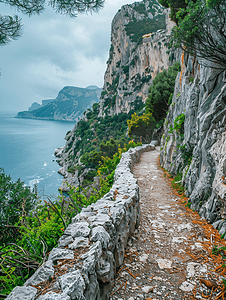 穿过意大利卡普里岛风景的步行道