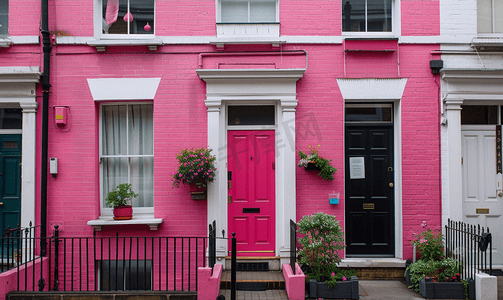 色建筑摄影照片_伦敦粉红色樱桃色砖砌联排别墅