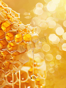 糖浆液体摄影照片_从六角形蜂窝中滴出的蜜蜂蜂蜜滴