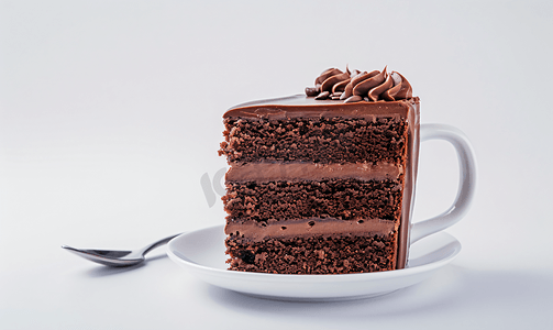 咖啡杯巧克力蛋糕前景孤独白色
