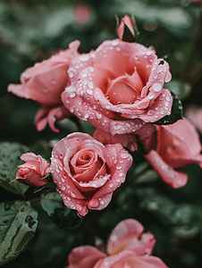 花园中粉色玫瑰花的选择性聚焦视图上面有突袭滴