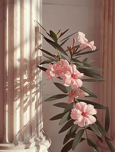 天安门线画摄影照片_古老的多利安柱附近的夹竹桃花