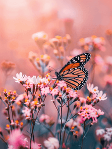 昆虫叶子摄影照片_帝王蝶栖息在粉红色的野花上