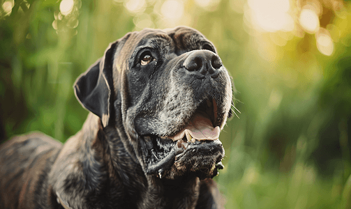 唾液的奥秘摄影照片_夏天流口水的大型英国古代獒犬