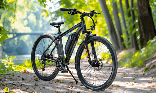 阳朔骑自行车摄影照片_夏日公园里的电动自行车电动马达和动力电池的视图