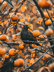 秋天柿子树和树叶上的八哥鸟