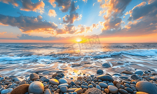 黄昏时的天空摄影照片_日落时的石滩黄昏的大海和天空戏剧性的天空和云彩自然景观