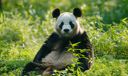 美丽的大熊猫坐在草地上