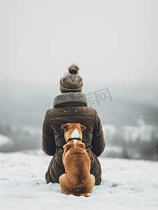 远树摄影照片_棕色狗坐在靠近主人的雪地上的后视图