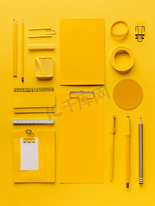 商务教育背景摄影照片_黄色背景上设置的文具的顶部视图