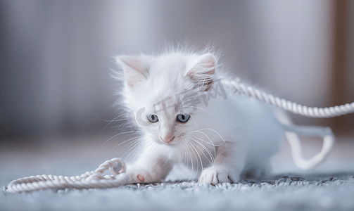 白色小猫玩绳子