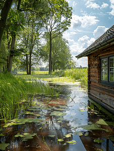 芦苇水摄影照片_房子后面的沼泽里充满了水和草