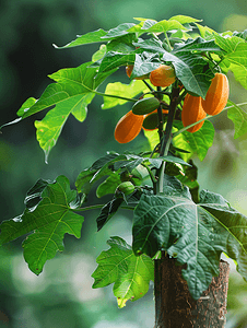 杨桃水果摄影照片_木瓜孩子的成长受到叶子的保护