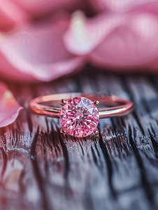 木桌上的珠宝粉色钻戒背景为美丽的玫瑰花瓣