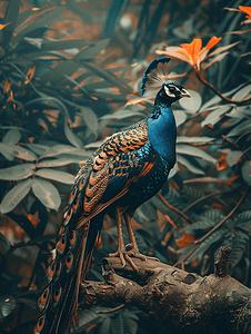 动物孔雀摄影照片_美丽的蓝黑孔雀雉站在树枝上