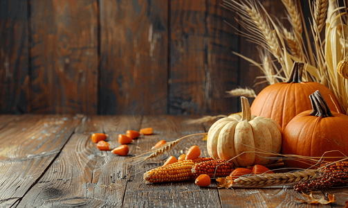 感恩节快乐棕色木质背景中成熟的橙色南瓜、小麦和玉米